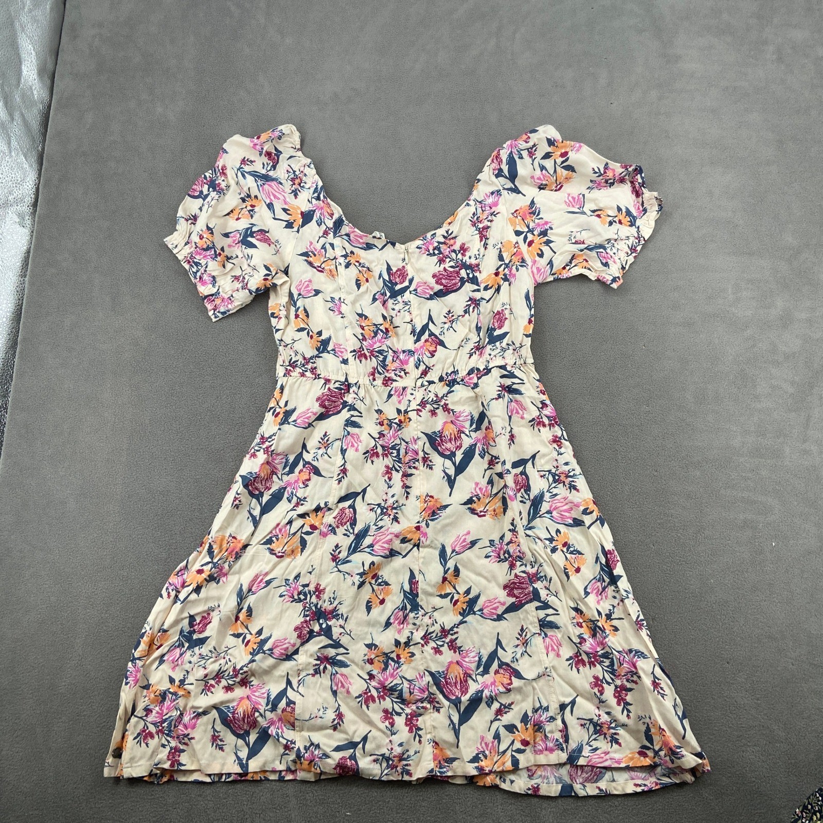 Roxy Floral Mini Dress Cream Pink Orange Blue Viscose Puff Sleeve Size L 4834