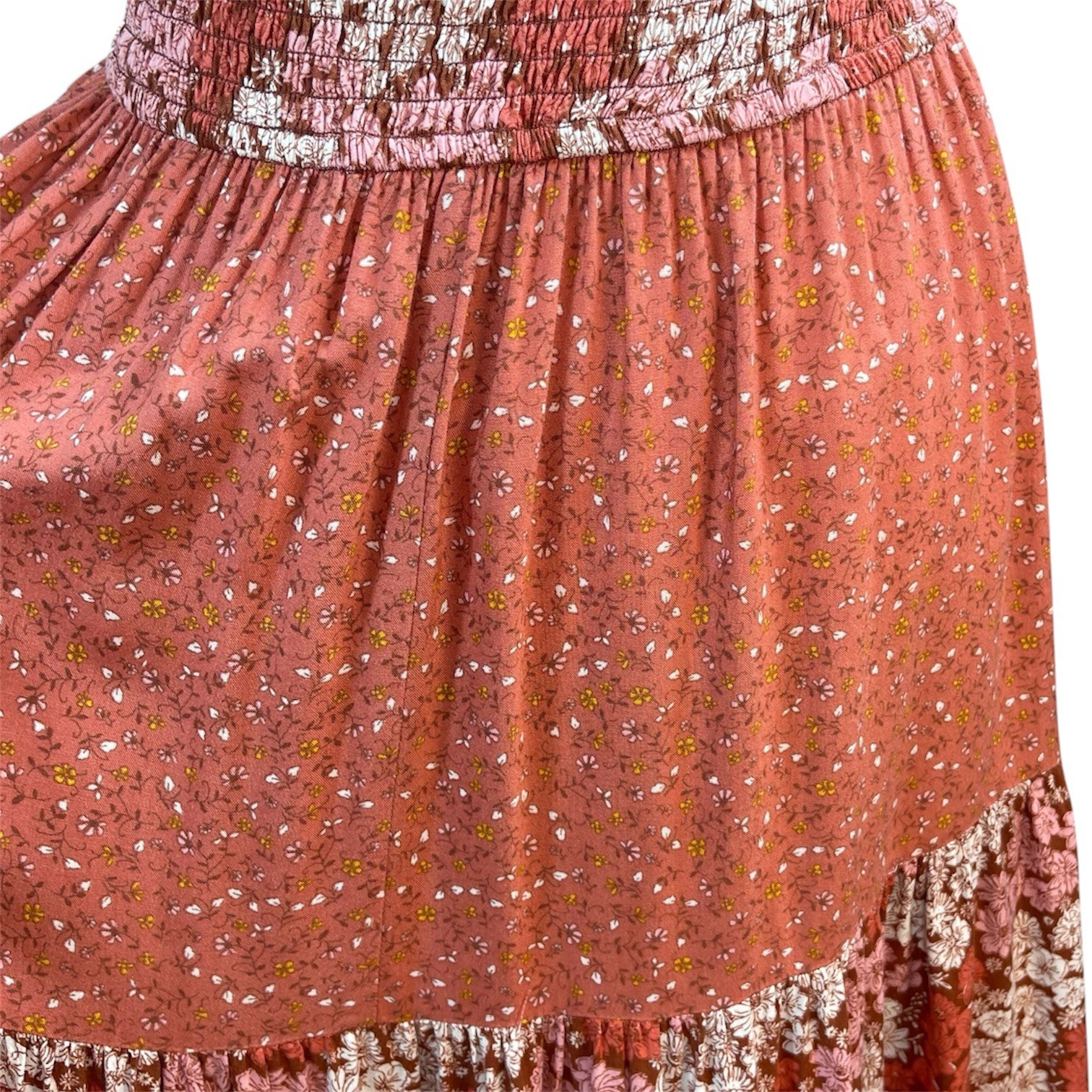 Floral Maxi SunDress Smocked Rust Orange Tiered Dress Cottagecore Boho Chic, S