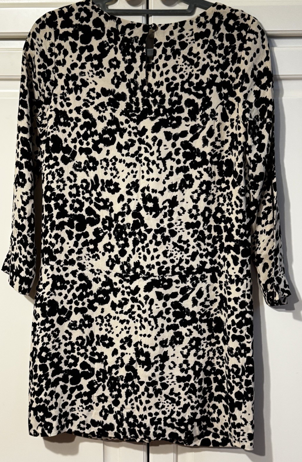 J. CREW Long Sleeve BLACK-IVORY Rayon Animal Print Pocketed Shift Short Dress XS
