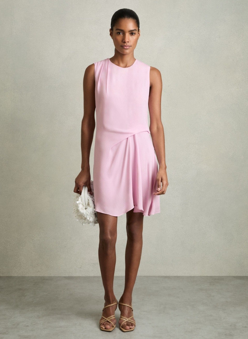 Reiss Elina Draped Tuck Mini Dress, Pale Pink – Size 10