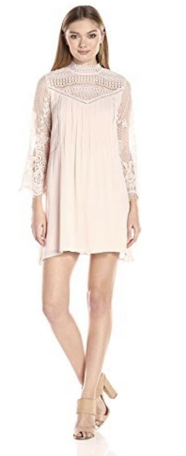 En Creme Women Size L Sheer Floral Crochet Lined Babydoll Dress Boho Feminine