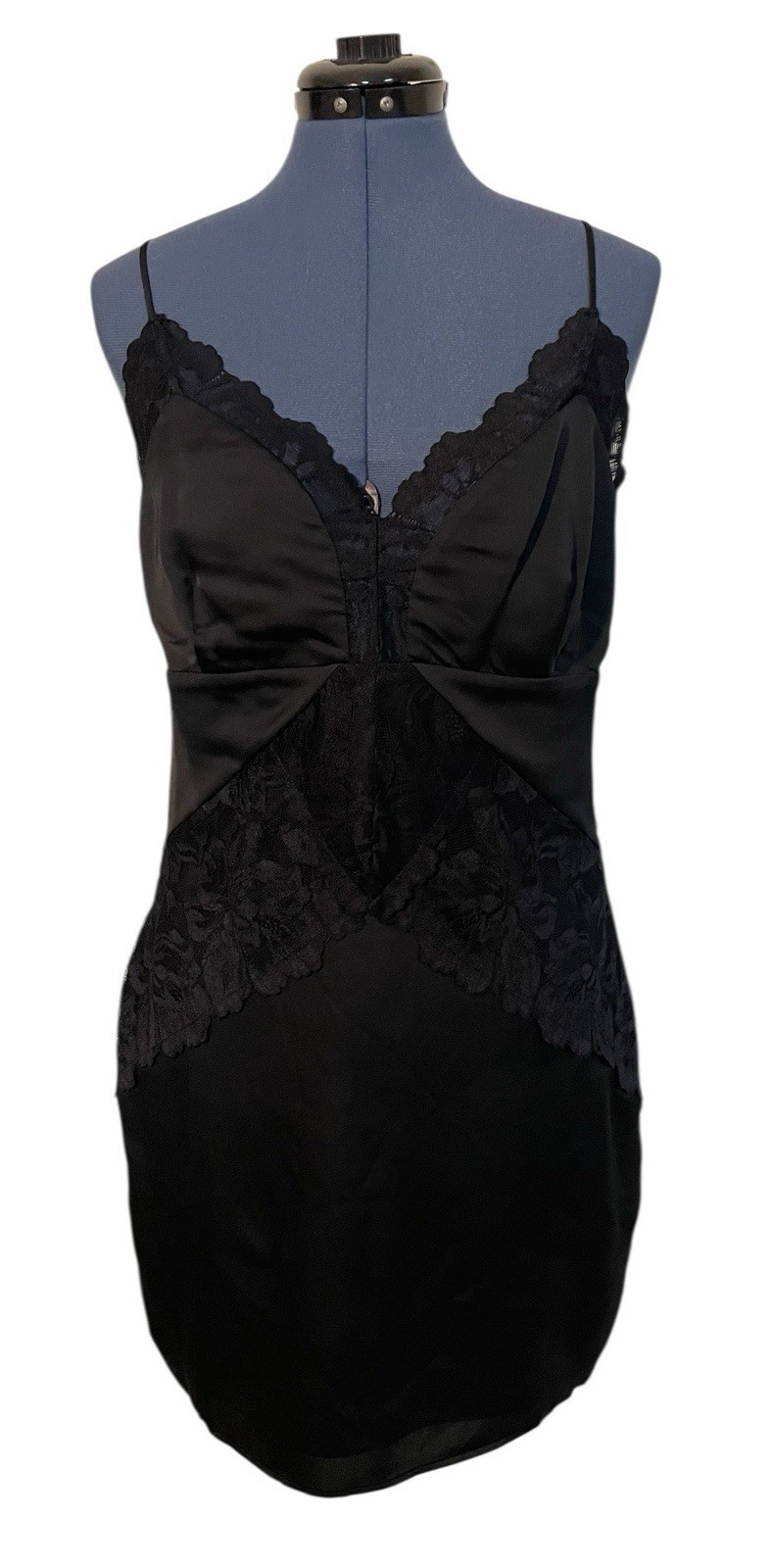 Guess Womens Black Lace Satin Mini Slip Dress Romantic Sexy Bodycon Y2K 90s L