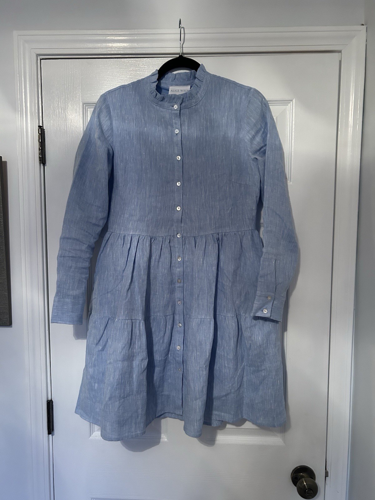 Alice Walk Linen Tiered Dress With Ruffle Collar And Long Sleeves Light Blue