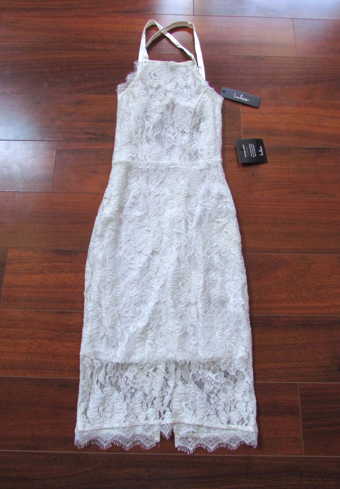 LULU’S ~ New! NWT XXS ~ Lace High Neck OPEN BackSATIN RIBBON STRAP Midi Dress a8
