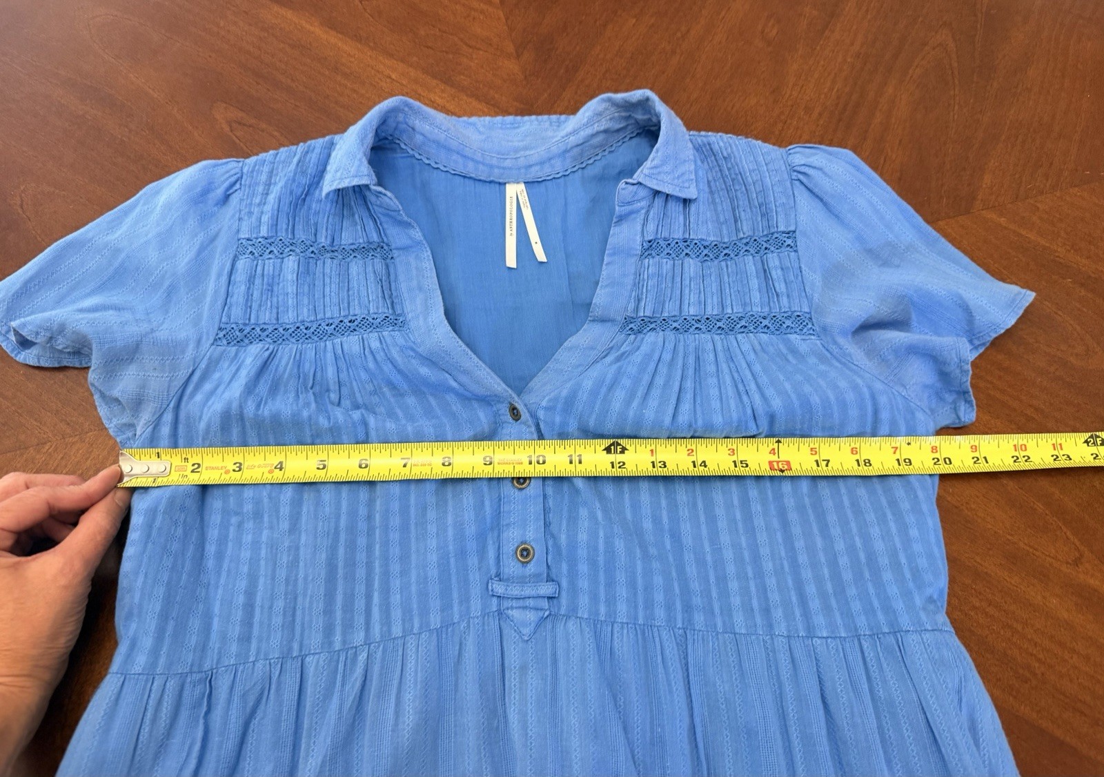 Anthropologie Blue Tiered Dress Medium Cotton Lace Boho Pockets Lined