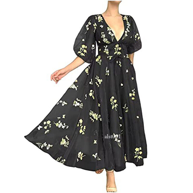 LADY Womens Embroidery Flower Puffy Sleeve Prom Dress Lace Up A-line Midi Dress