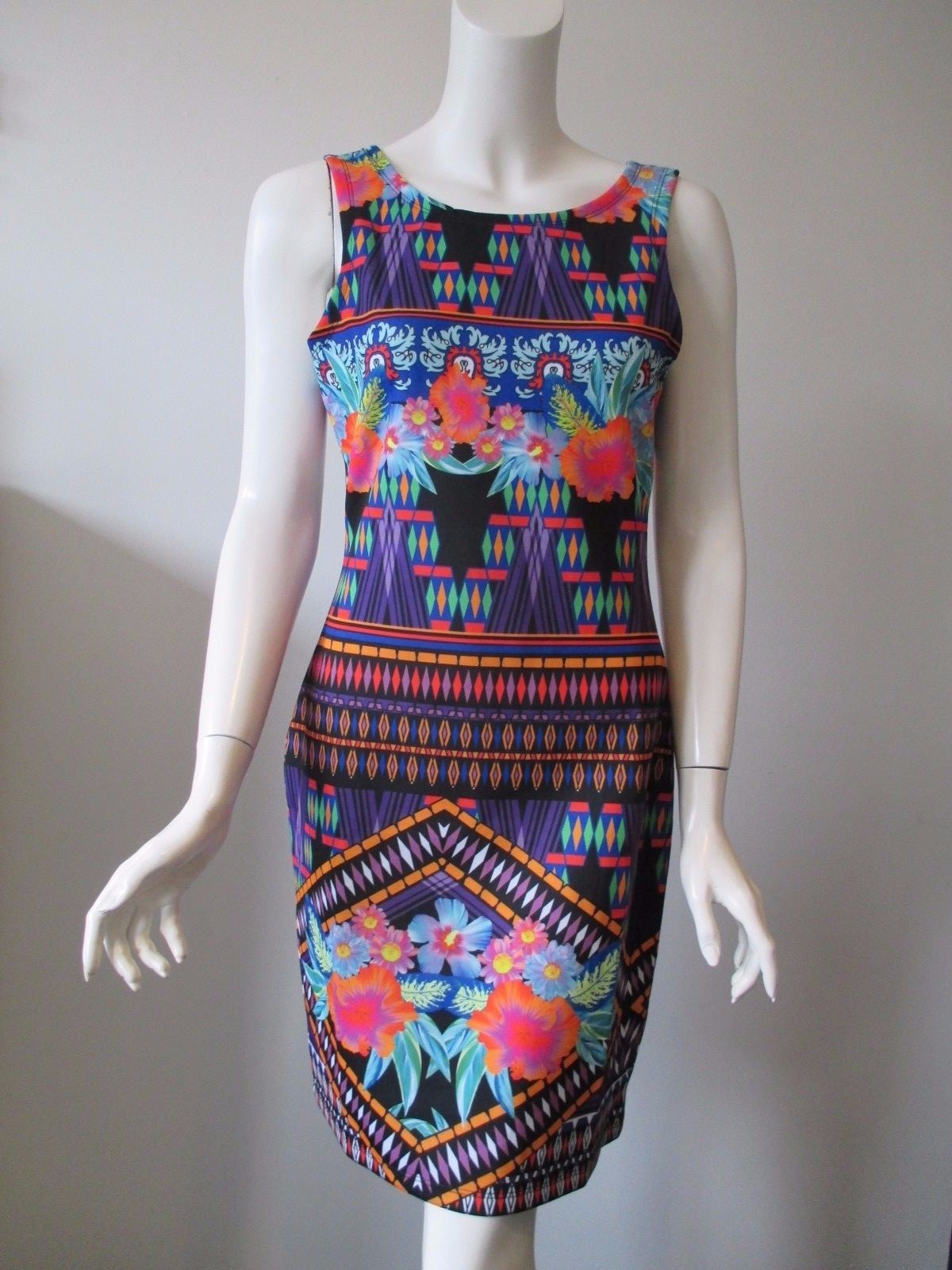NWT COCOOM Multi Color Mix Media Prints Sleeveless Bodycon Stretch Fit Dress L