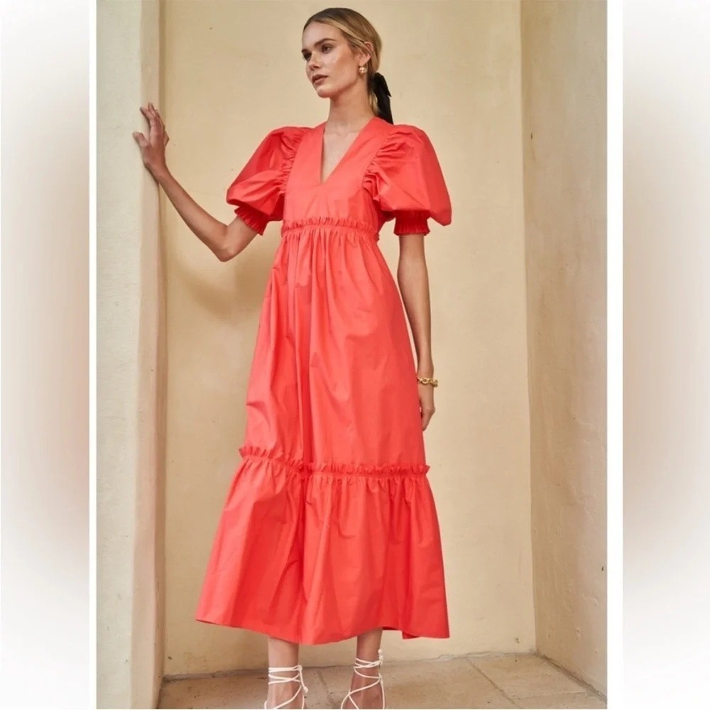 Hunter Bell Medium Palmer Midi Maxi‎ Puff Sleeve Ruffle Dress Cherry Tuckernuck