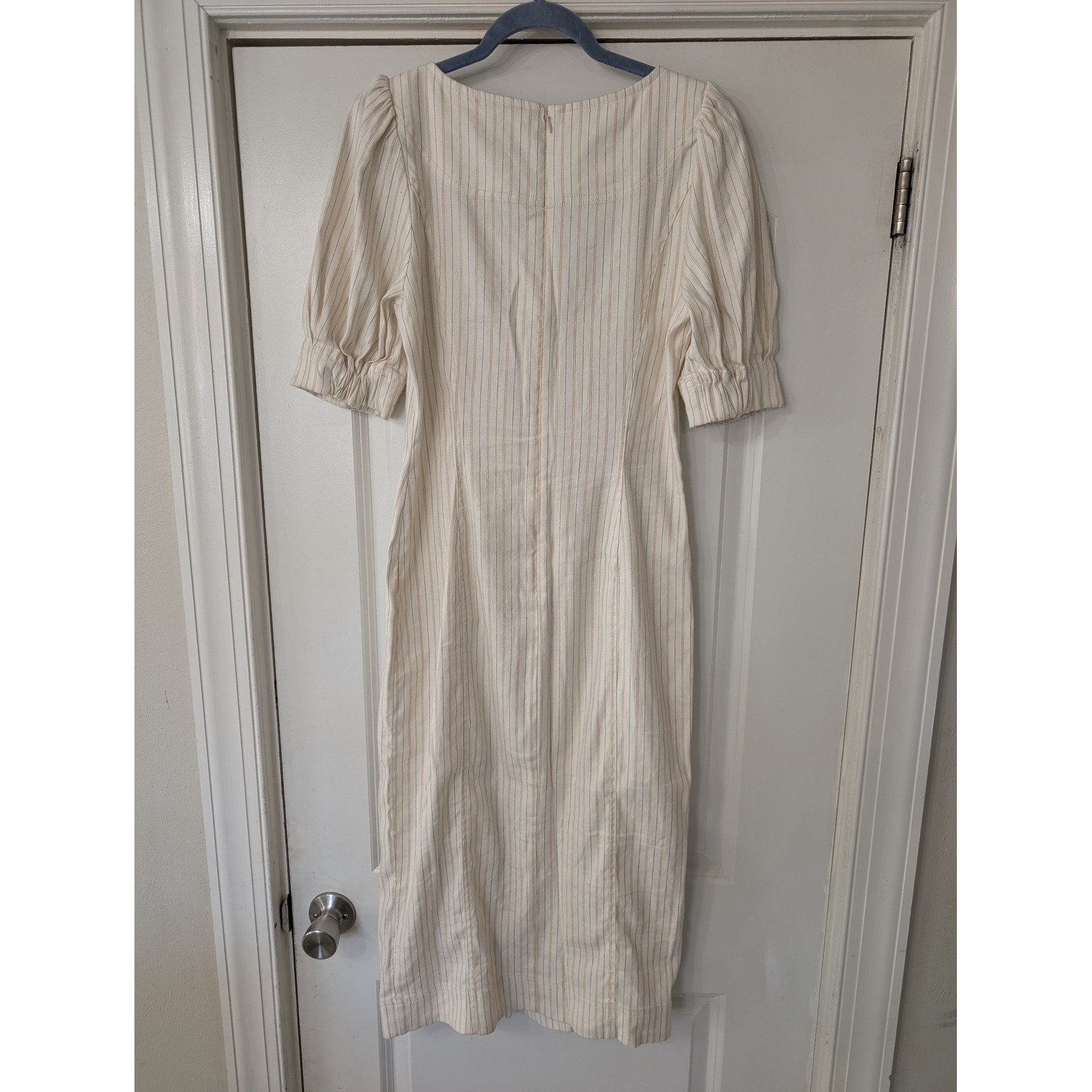 Pilcro Sweetheart Zip-Front Column Midi Dress Striped Puff Sleeve Cream medium