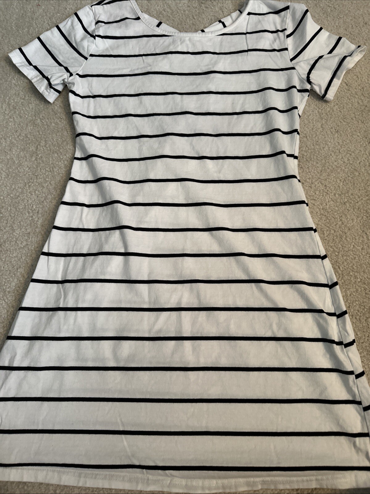 Feager Women’s Black & White Striped Dress Criss Cross Back Size S Short Sleeve