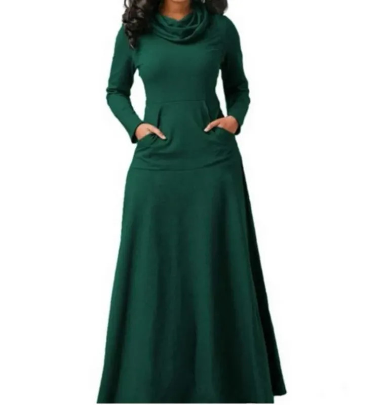 Plus Size 5XL Elegant Long Maxi Dress spring Winter Warm High Collar Women