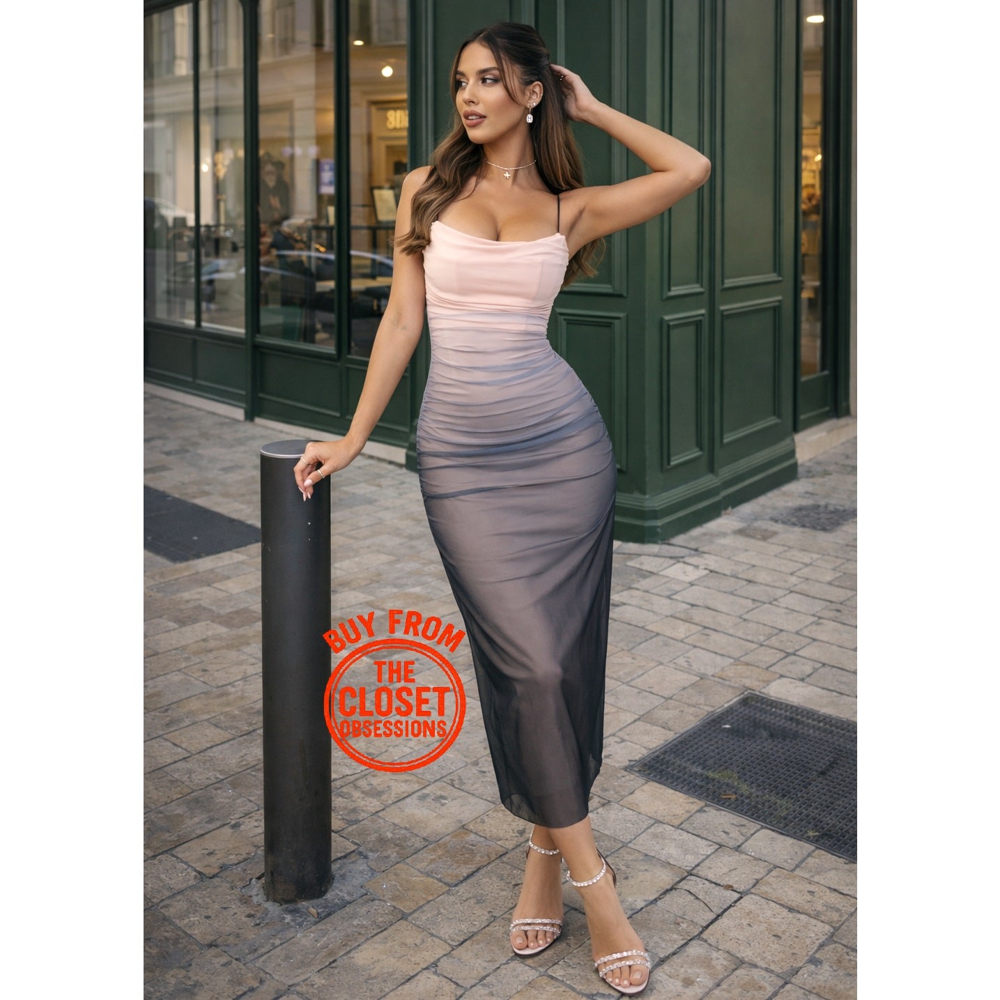 Zara NWT Ombre Gradient Ruched Mesh Midi Dress L