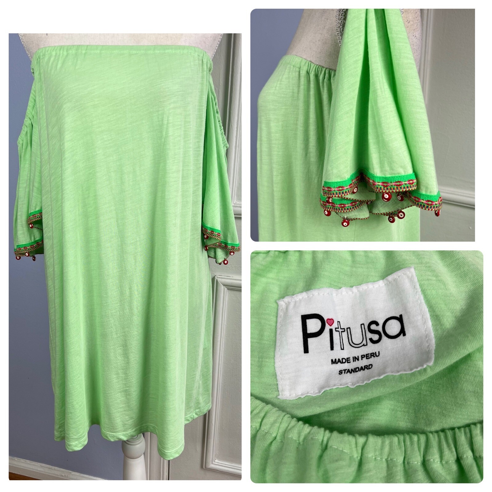 Pitusa Off the Shoulder Mini Dress Lime Green Beaded Embroidered Women’s M/L/XL