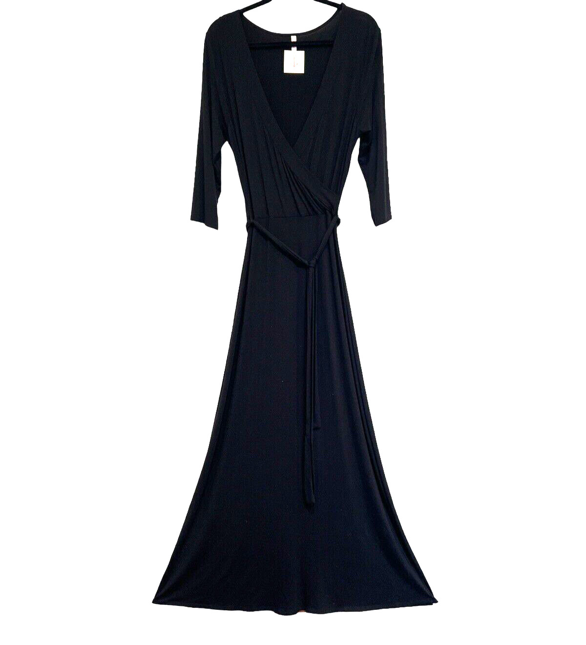 Black Wrap A line Stretch Maxi Dress M Rayon Solid Long Bohemian Classic Simple