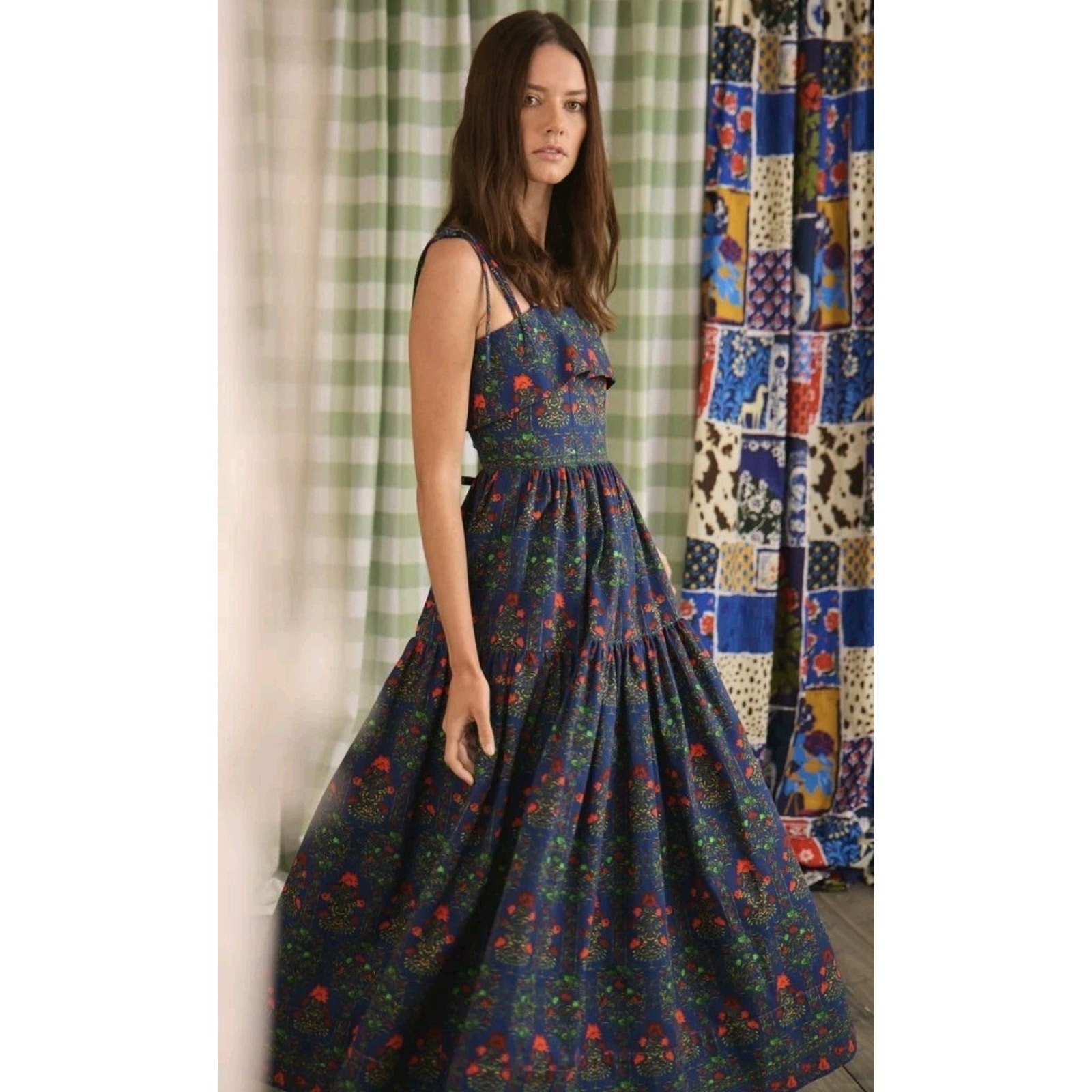 Hunter Bell Midnight Garden Midi Dress Size 8 Blue Floral Tiered Tie Strap