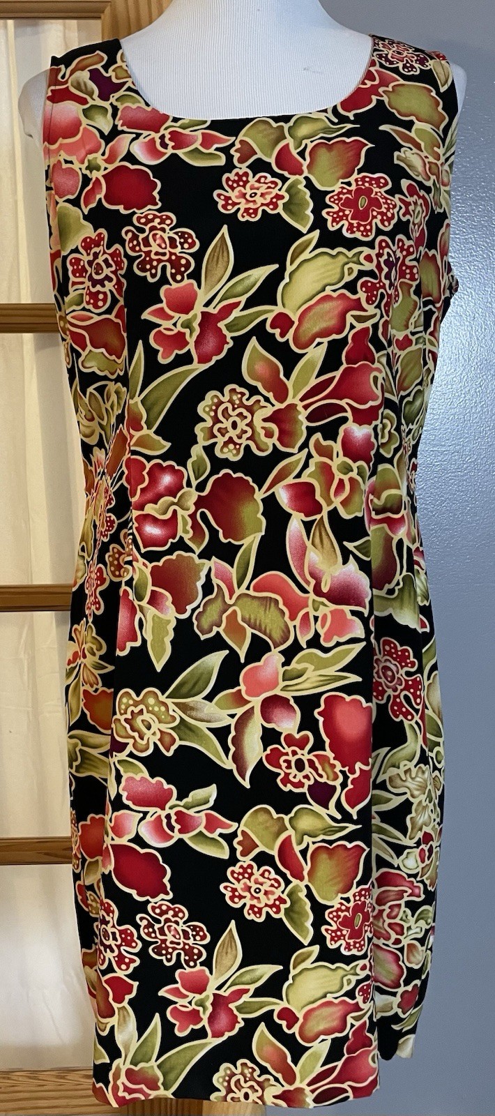 90s Hawaiian Floral Sheath Dress Sz 12 Black Green Sleeveless Festive Tropical