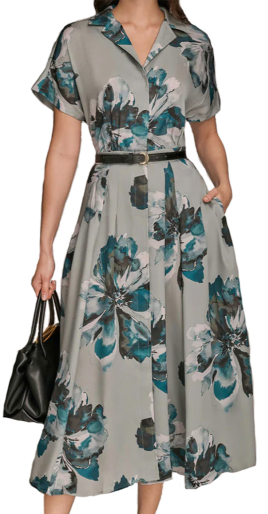 NWT Donna Karan New York Belted Floral Print Shirtdress, Weathered Sage, 8, $189