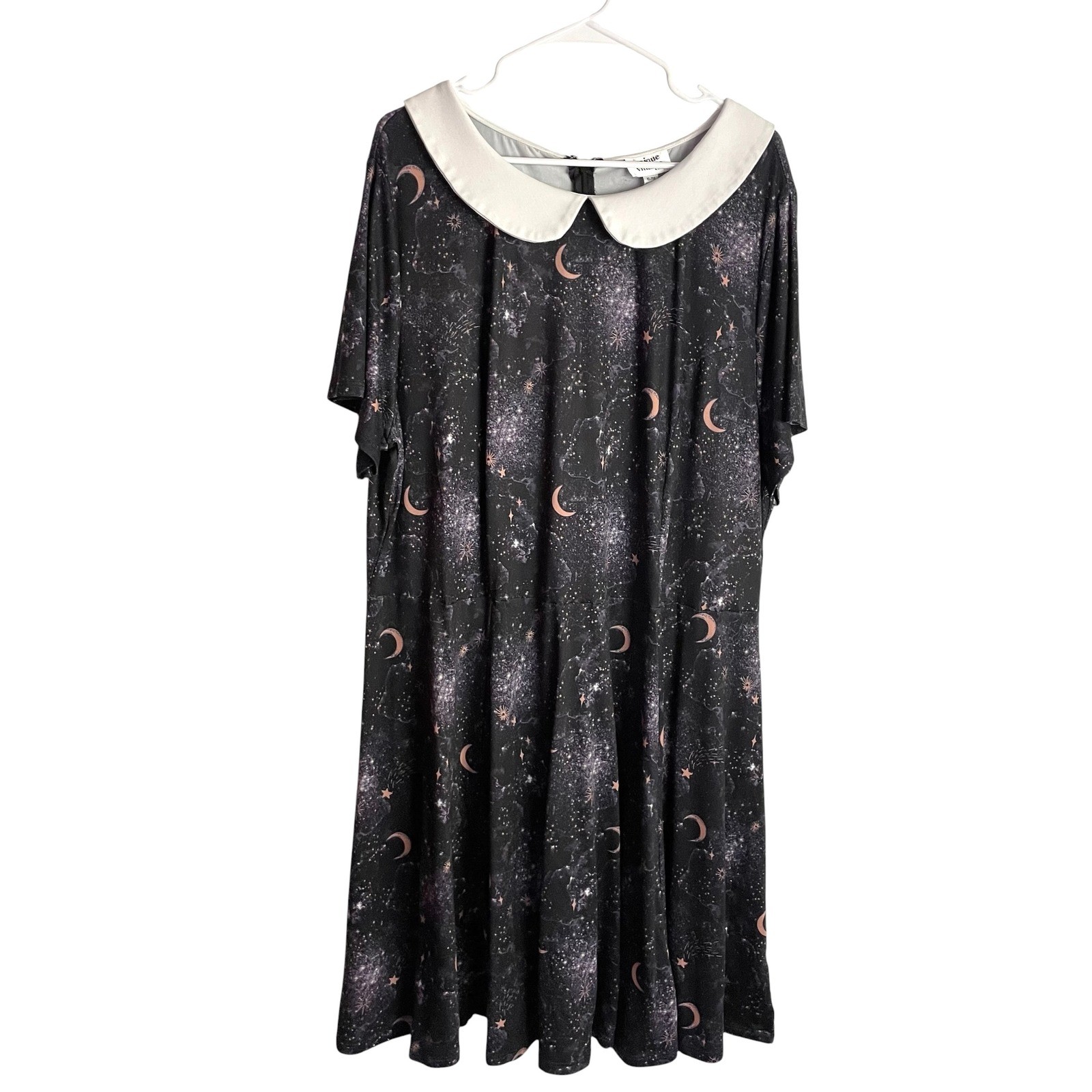 Unique Vintage Celestial Jersey Dress Size XL Moon Star Galaxy Peter Pan Collar