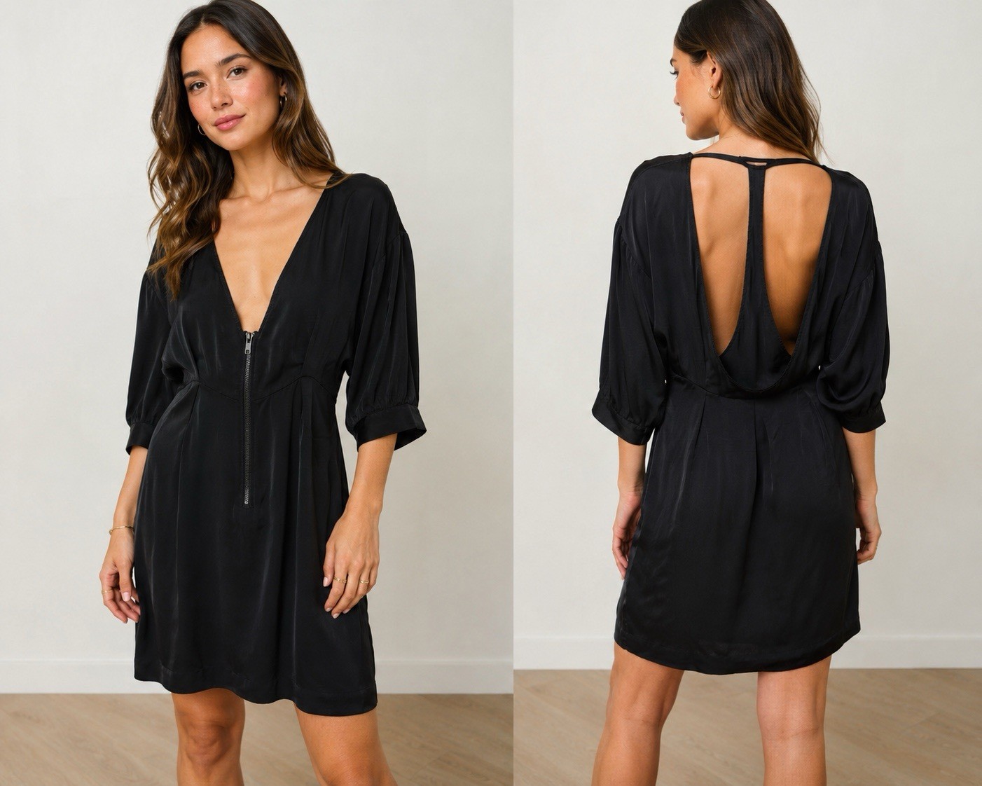 Functional Black Satin Mini Deep V Zip Open Back Cocktail Party Dress Size M