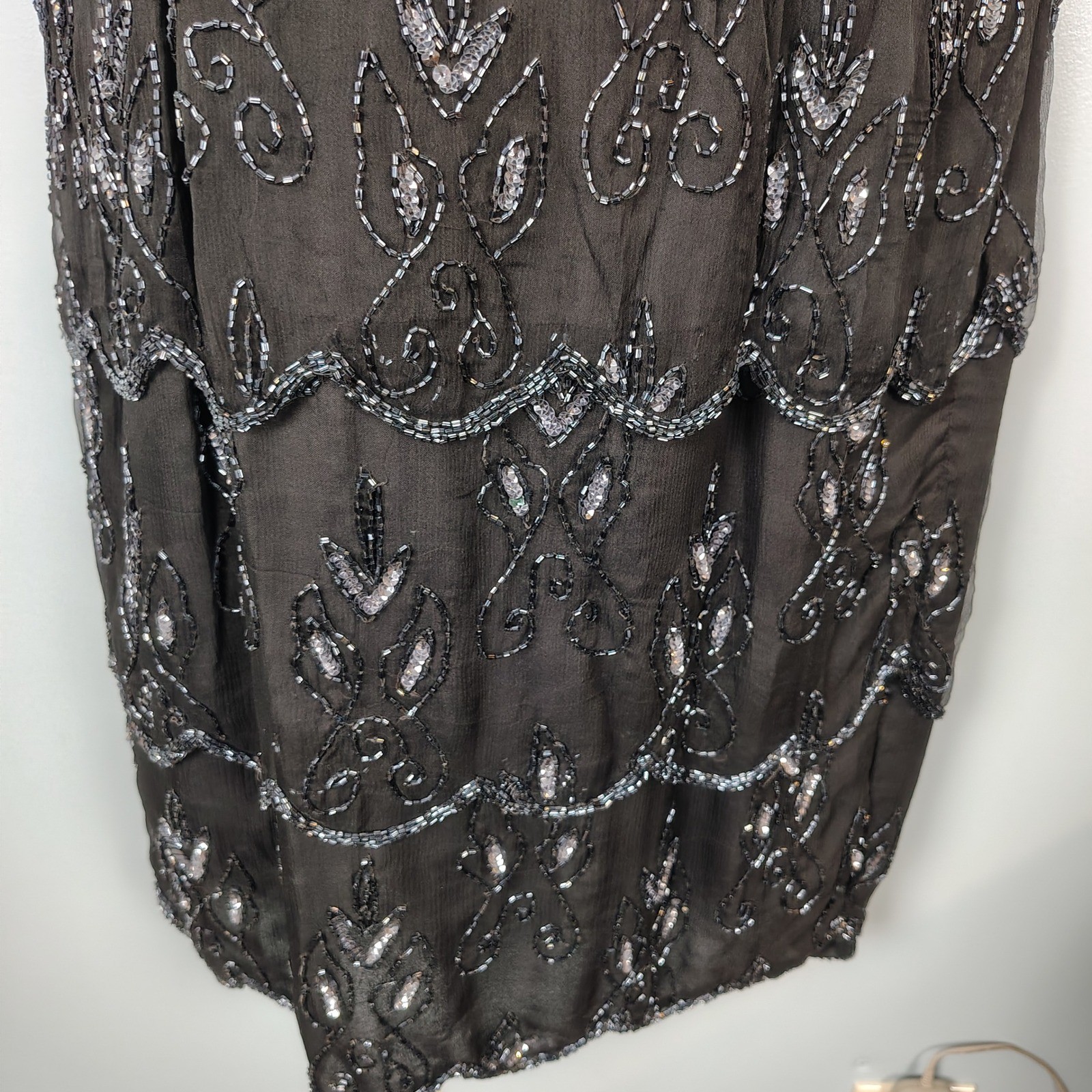 Stenay Vintage Silk Beaded Sequin Tiered Scalloped Hem Dress Black Silver Sz 12