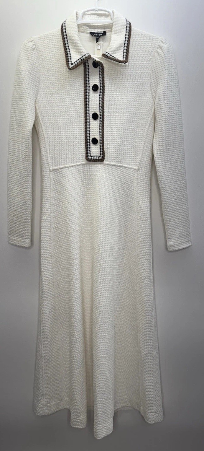 ME + EM Fit & Flare Textured Jersey Midi Dress Crochet Collar Placket Buttons 2