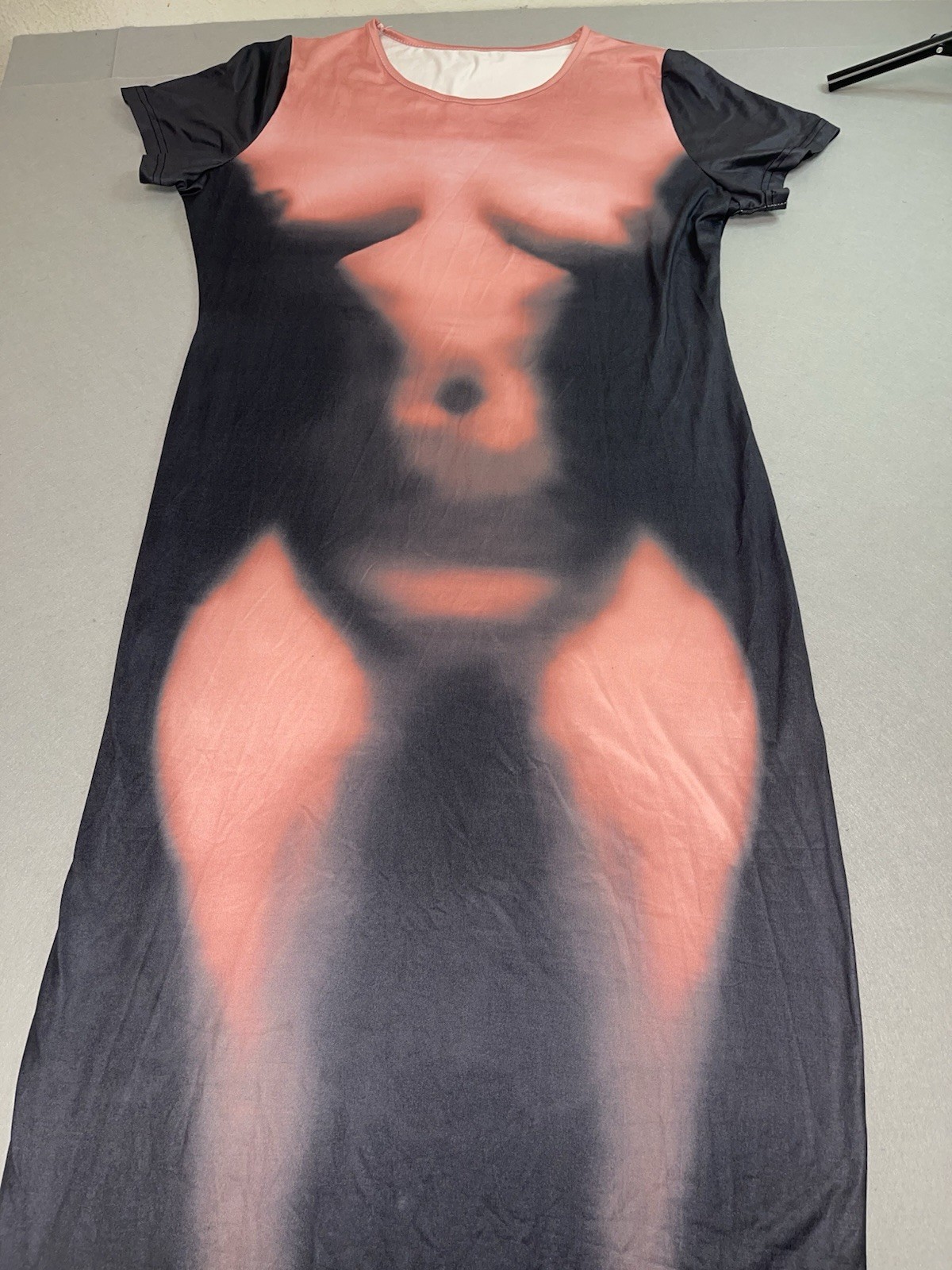 Women’s Black Pink Graphic Print Maxi Dress Scoop Neck Ruffle Sleeve Stretch XL