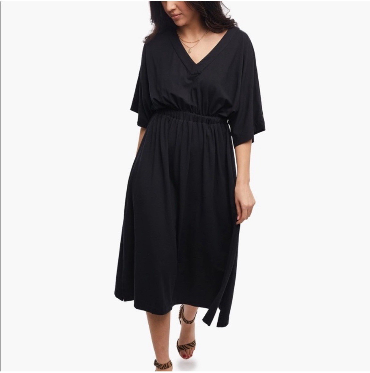 ABLE Womens Nina Dolman Midi Dress Size L Black Cotton Modal Stretch Minimalist