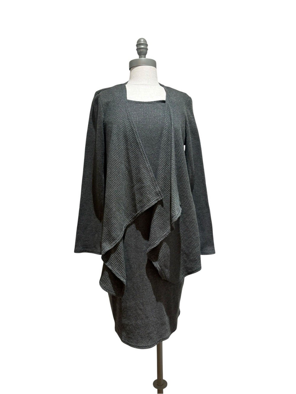R&K Gray Ribbed Knit Dress & Waterfall Cardigan 2-Piece Set Size 14
