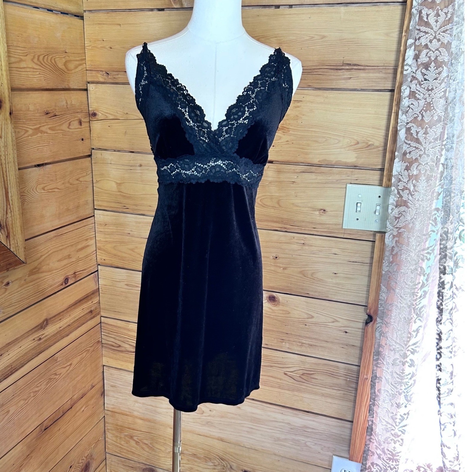 Vintage Velvet Lace Slip Dress Womens Large Black Goth Whimsygoth Party 90s Vamp