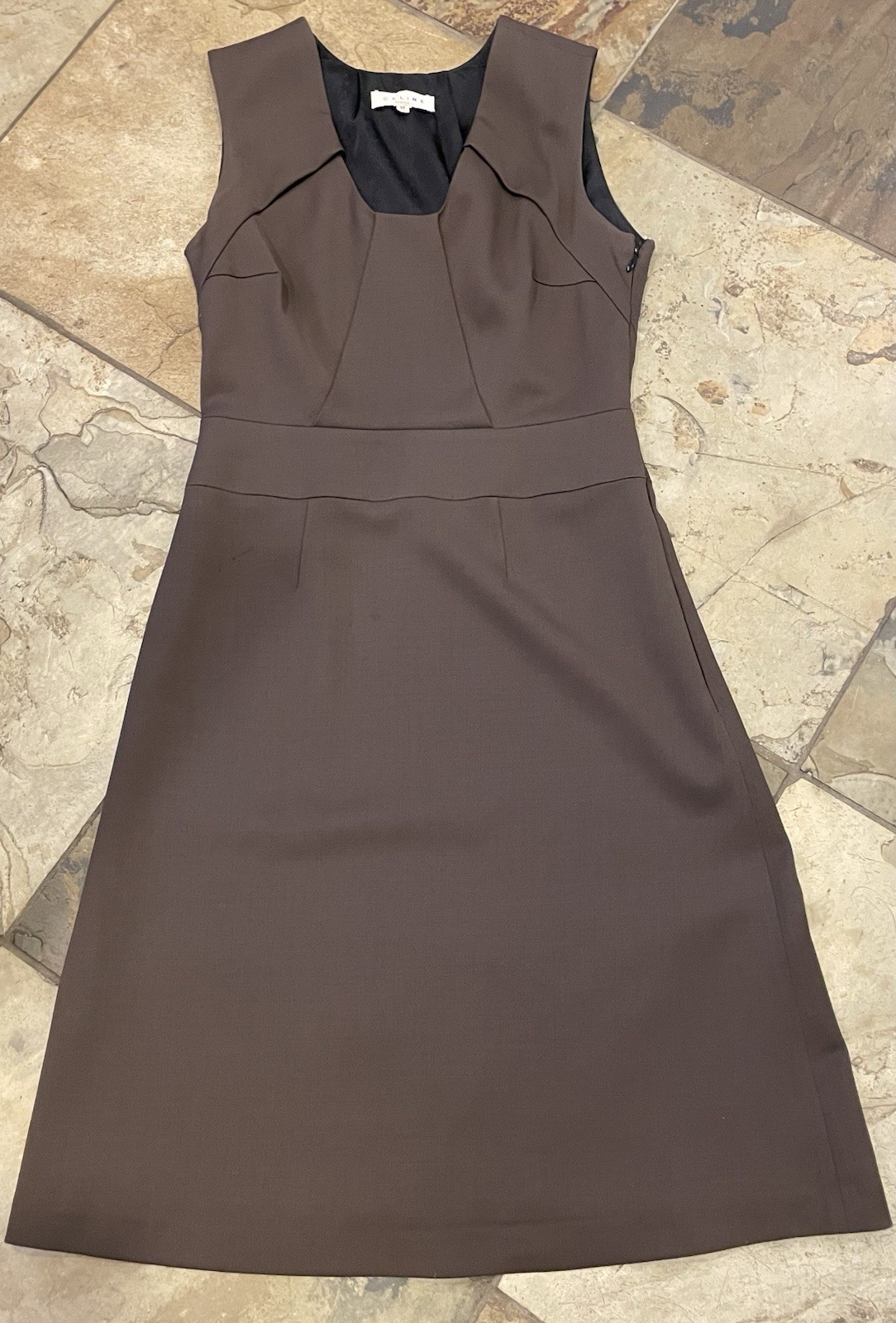 Celine Couture Solid A-Line Scoop Neck Sleeveless Knee Length Dress in Brown 38