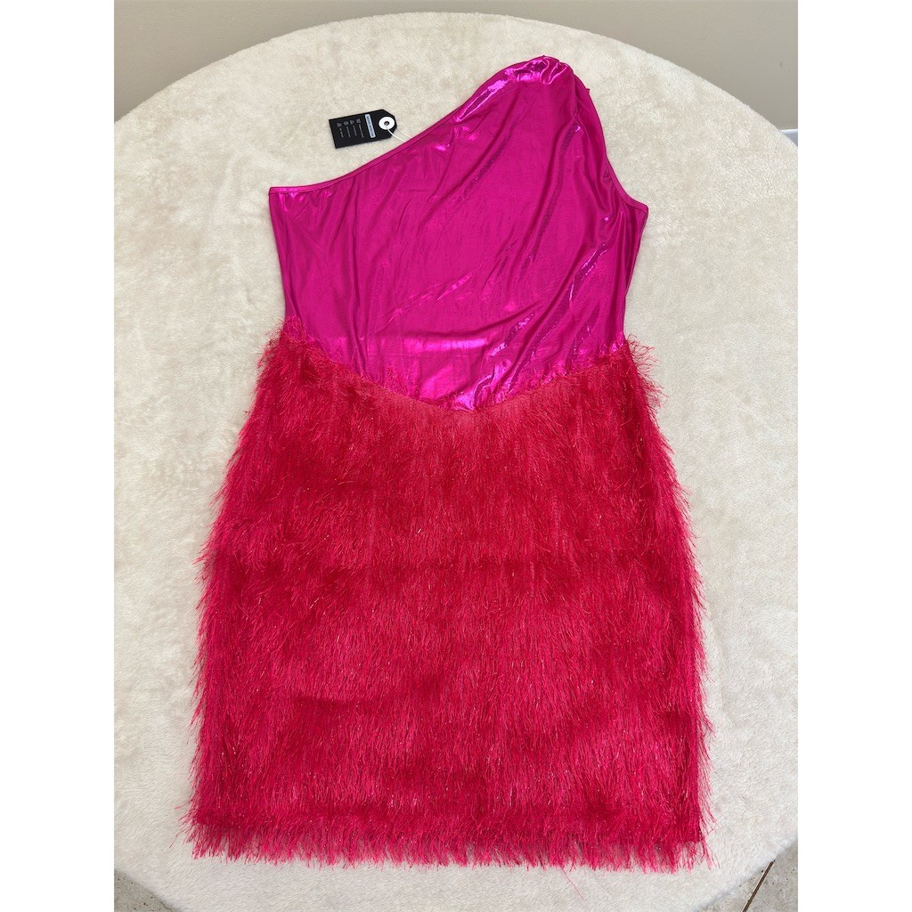 NWT EKALIY Dress Womens L Pink One Shoulder Metallic Feather Fringe Mini NEW!