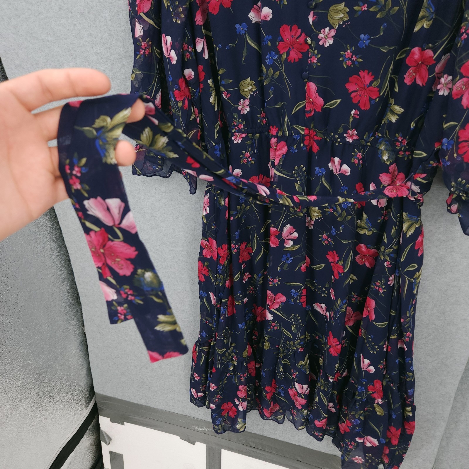 NY Collection Belted V Neck Floral Print Navy Dress Womens Size 3X NWT