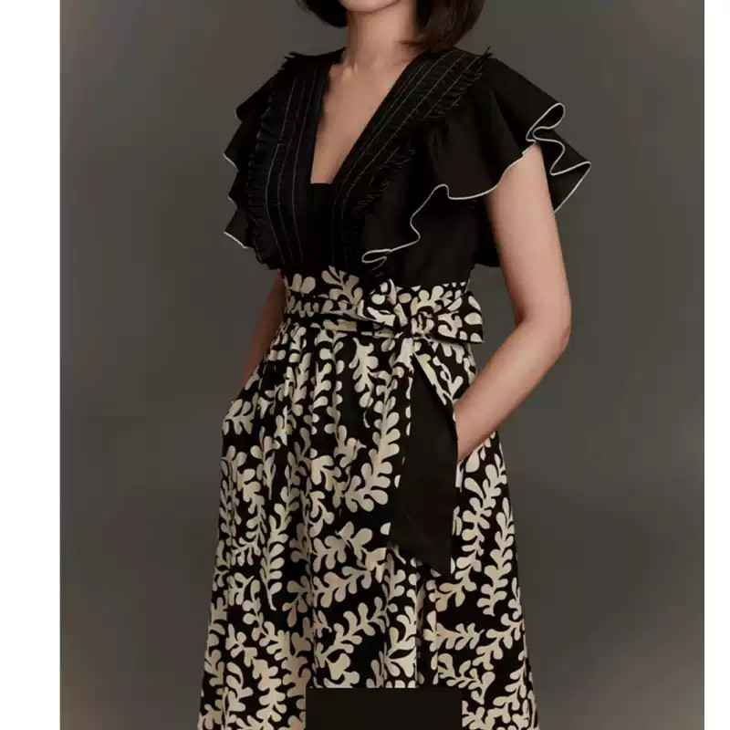 DVF New Colorblock V-Neck Wrap Printed Maxi Dress Retro Slimming