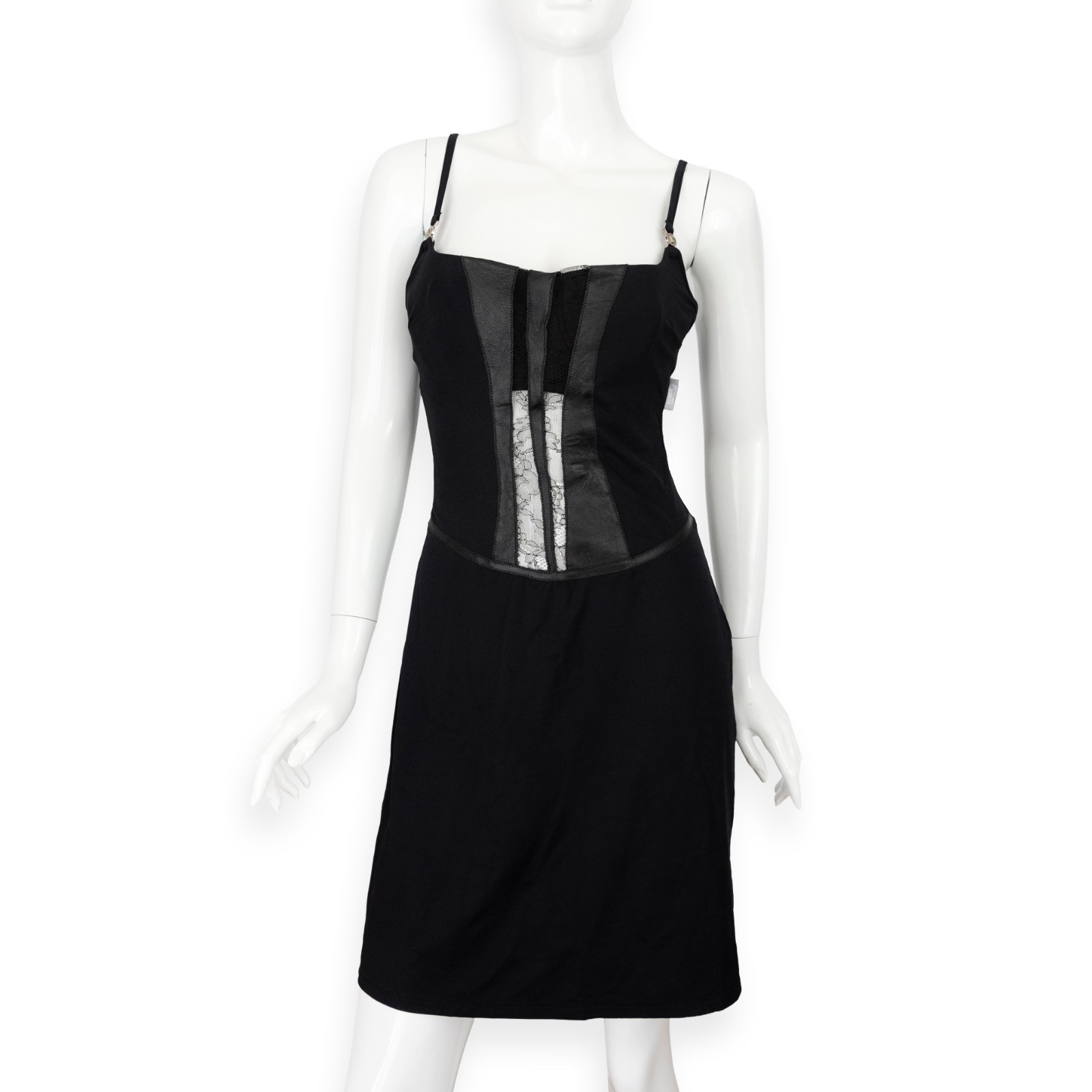 Y2K Versace VJC Leather & Lace Medusa Head Strap Black Corset Mini Slip Dress