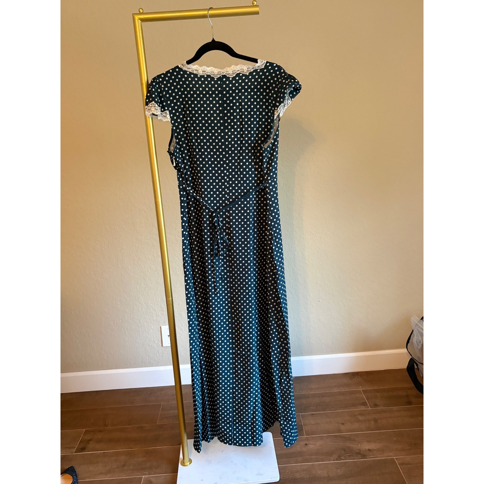 RIHOAS Maxi Dress NWT Green Polka Dot Lace Trim V-Neck Size L Retro Coquette