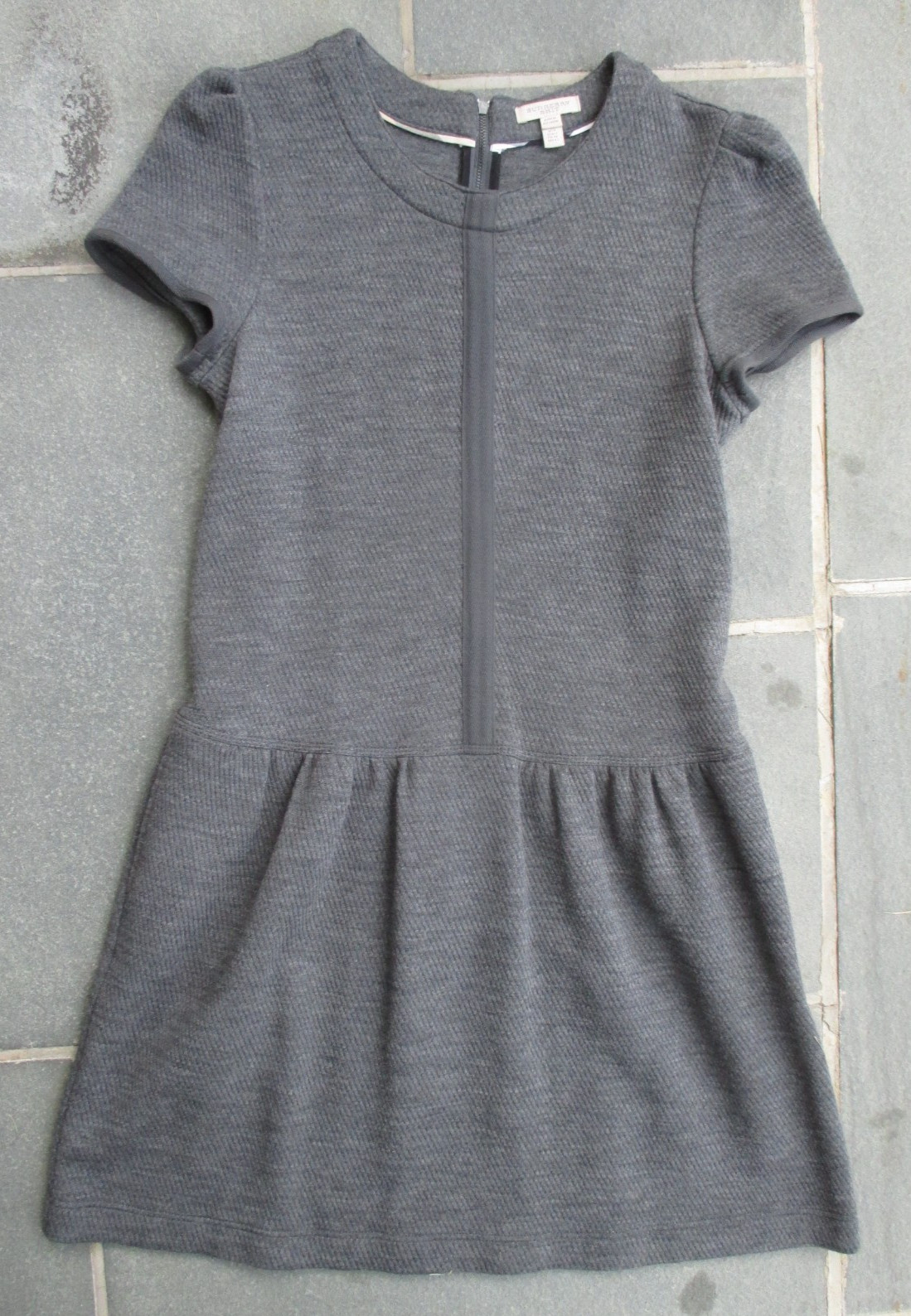BURBERRY BRIT Women GRAY Shift DRESS Short Sleeve WOOL Zip Pockets Drop Waist 12