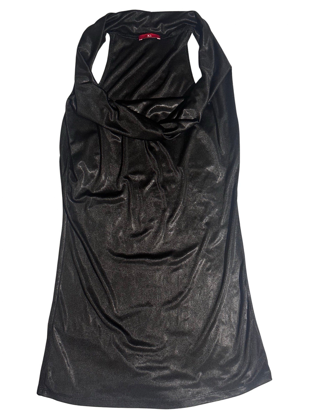 VTG Y2K Xi Black Glitter Jersey Extreme Plunge Cowl Neck Halter Mini Dress EUC S