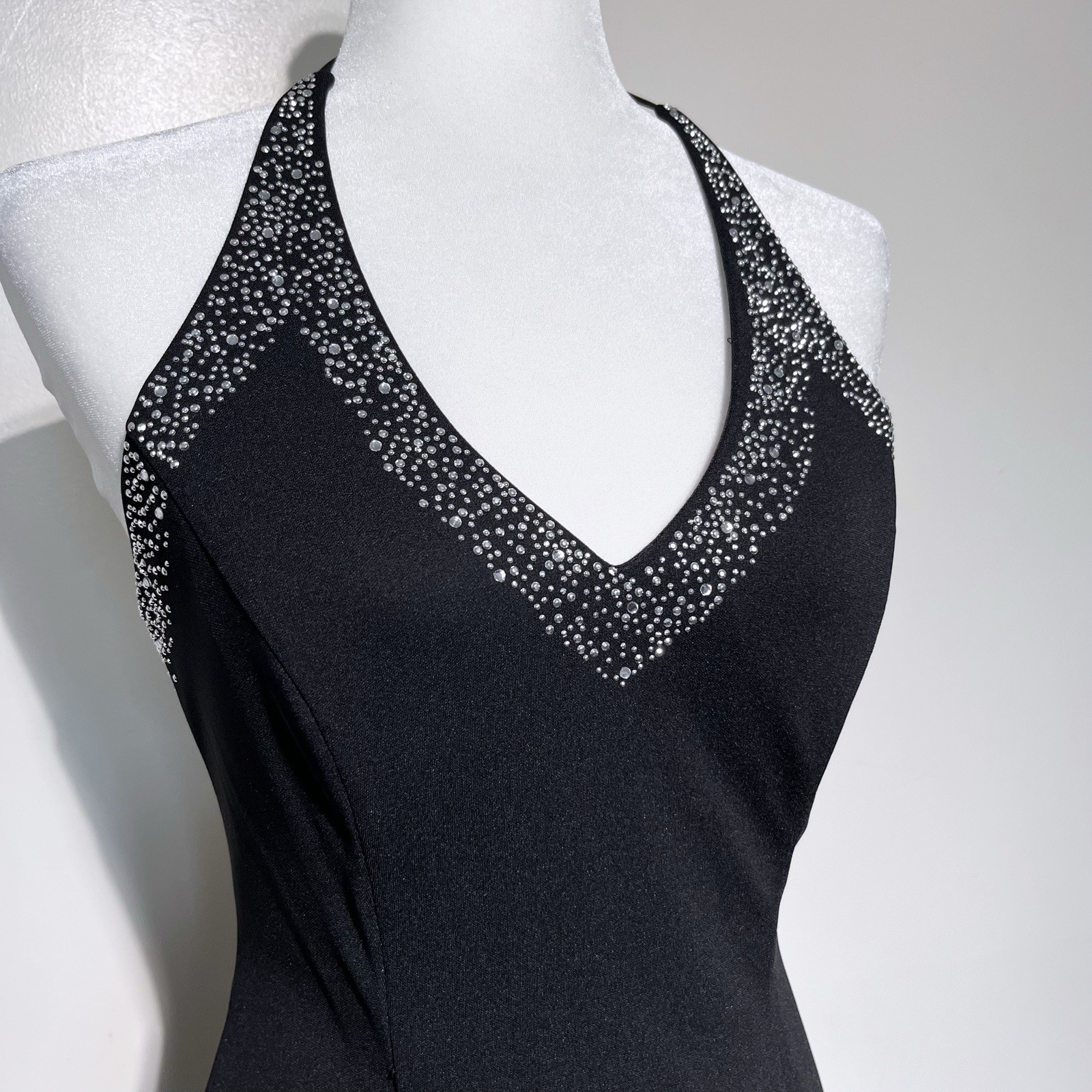 Vintage 90s Blondie Nites Black & Silver Bedazzle Halter Lace Up Back Maxi Dress