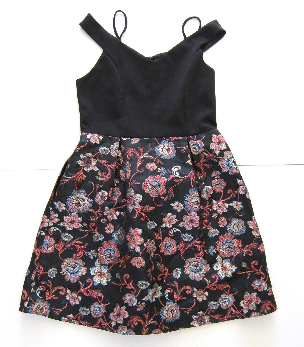Francesca’s Black Pink Floral Metallic Silver Pocket Fit Flare Sheath Dress L