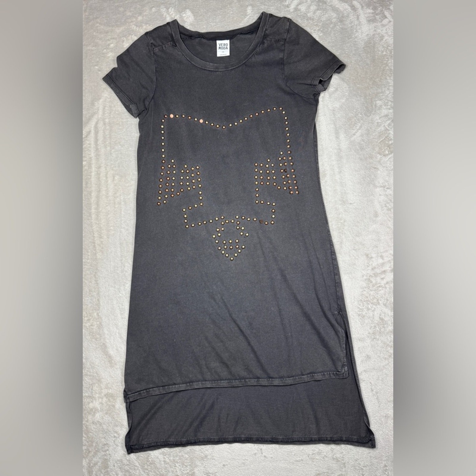 Vero Moda Grey Brown Beaded Grunge Rock Step Up Hem Mini Tunic T-Shirt Dress XS