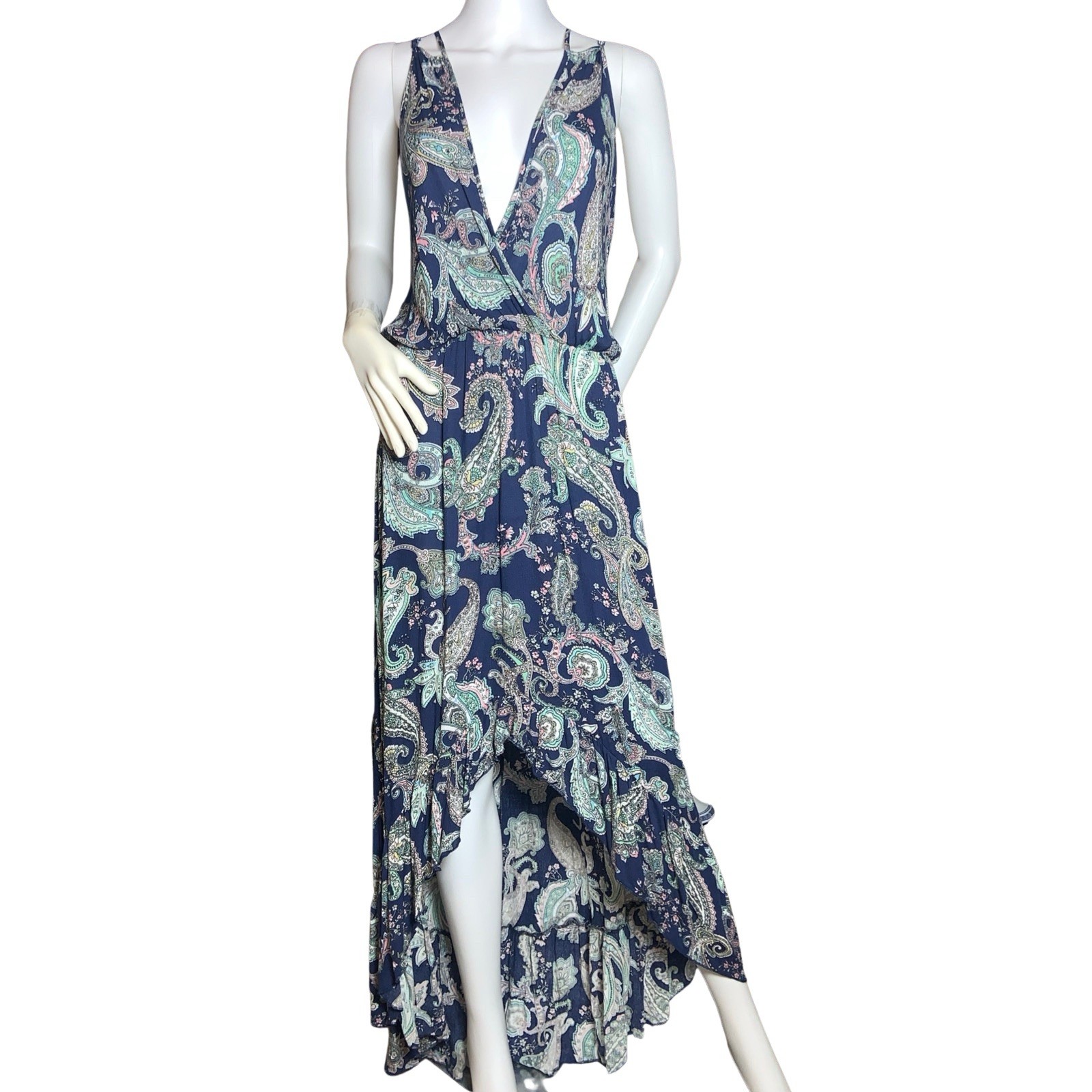 Paisley Halter Dress Medium Blue Resort Vacation Ruffle Hem Boho NWT Sexy