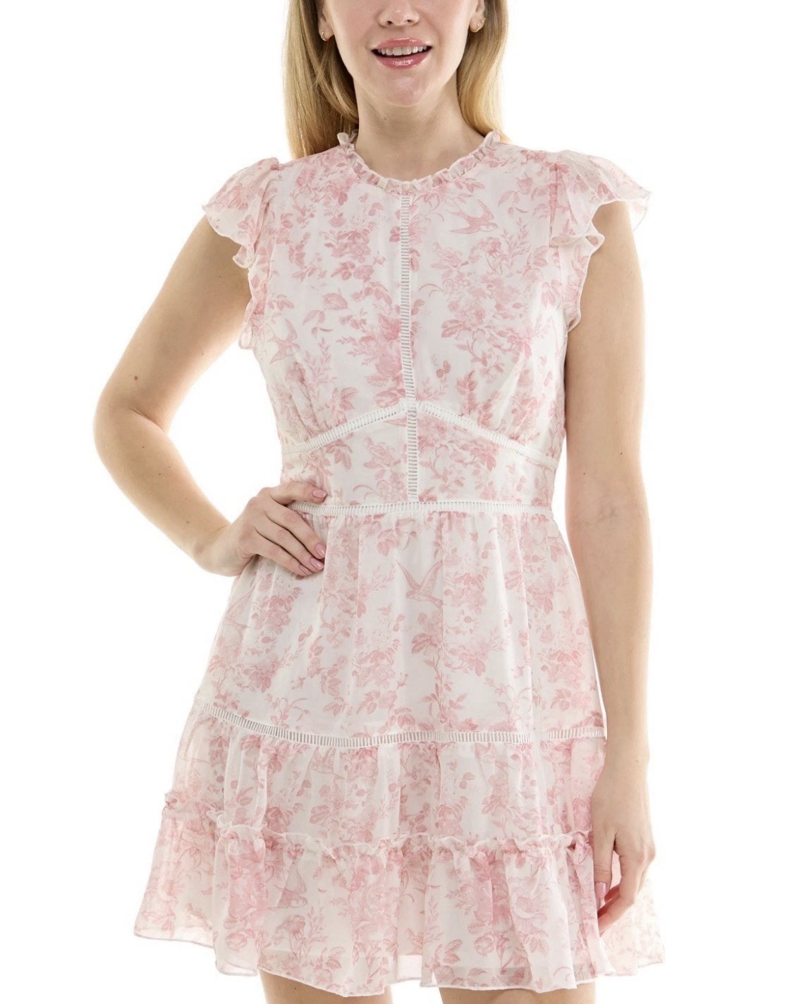 Trixxi Juniors’ Flutter-Sleeve Tiered Mini Dress – White/Pink – M