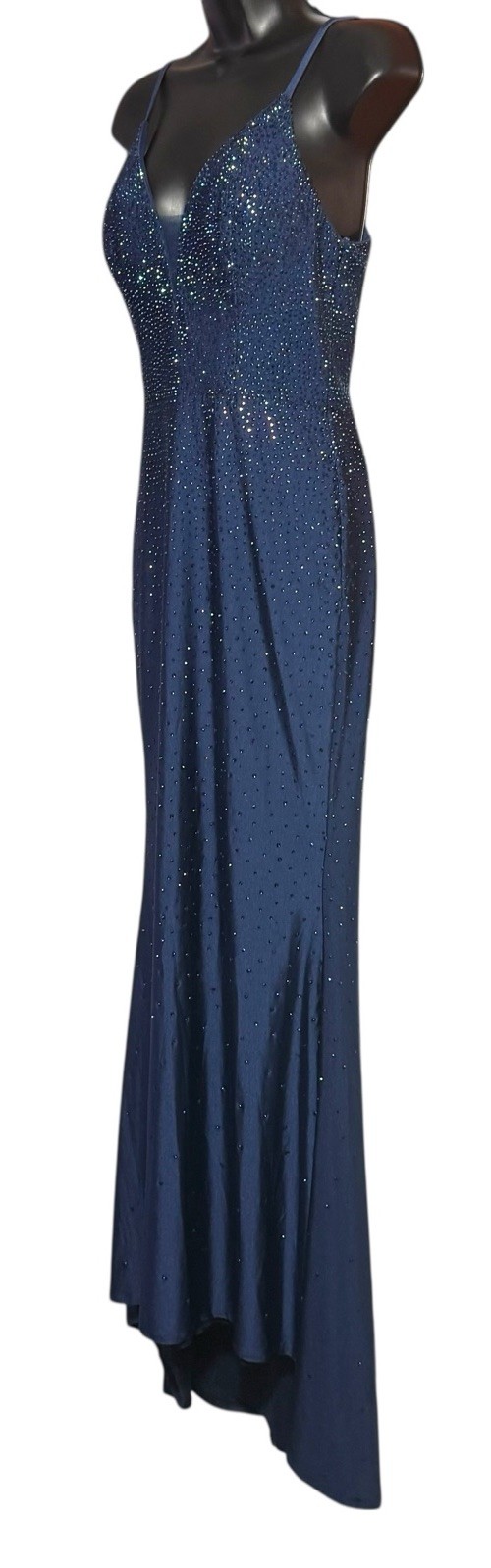 Dancing Queen Navy Blue Beaded Sparkling Maxi Train Evening Dress Sz S