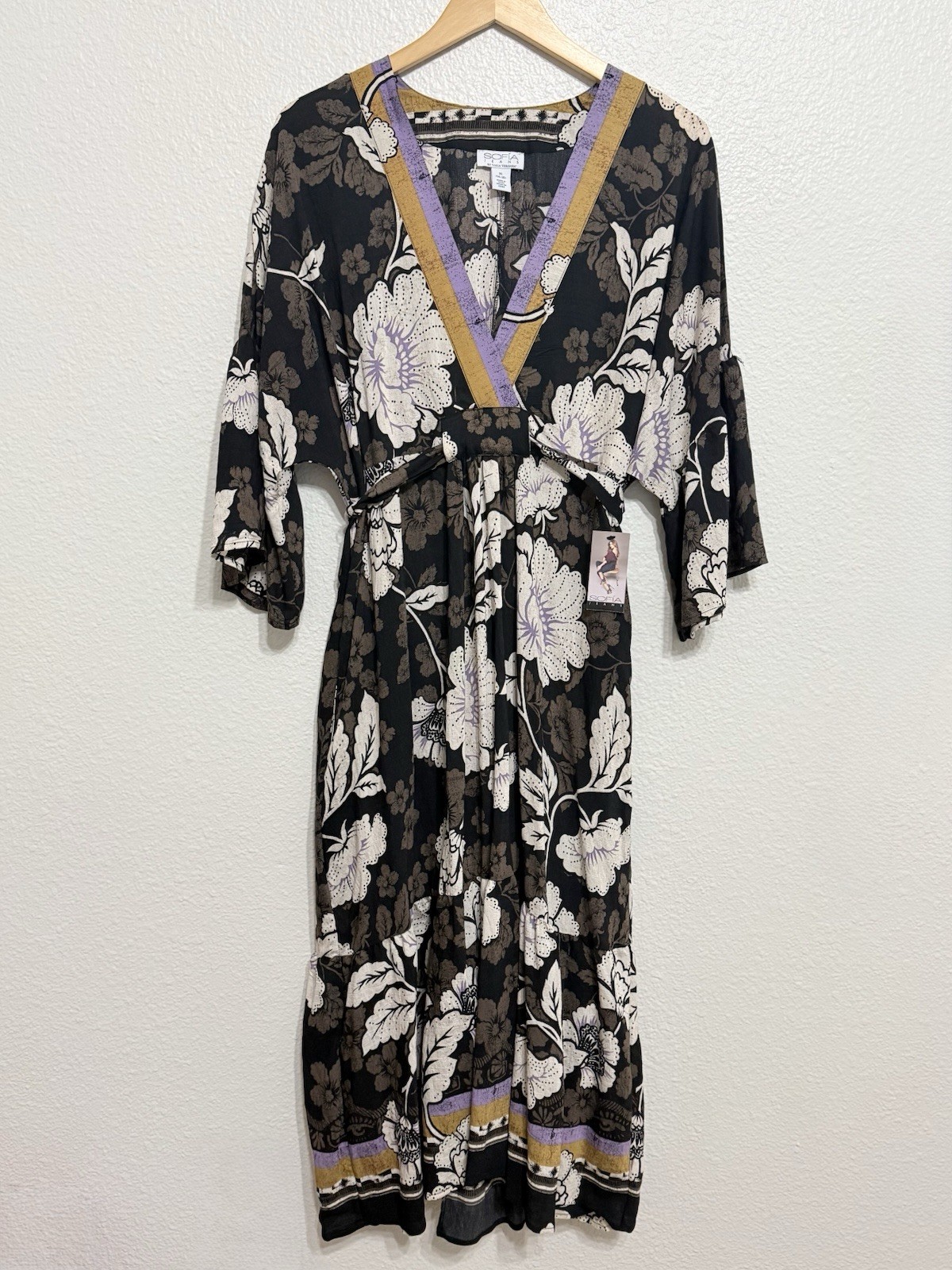 Sofia Vergara Black Floral V-Neck Tie Belted Midi Dress – Size XL (16-18)