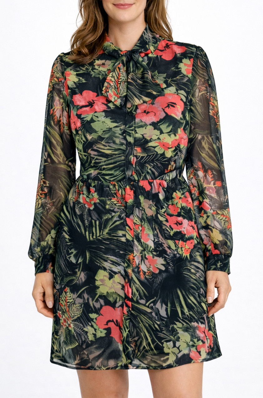 W118 Walter Baker Chic Floral Pussybow Black Dress Sz 10 Sheer Long Sleeve $188
