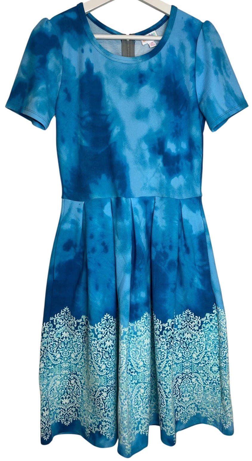 LuLaRoe Amelia Unicorn Blue Tie Dye Stretch Pleated Fit & Flare Dress Pockets M