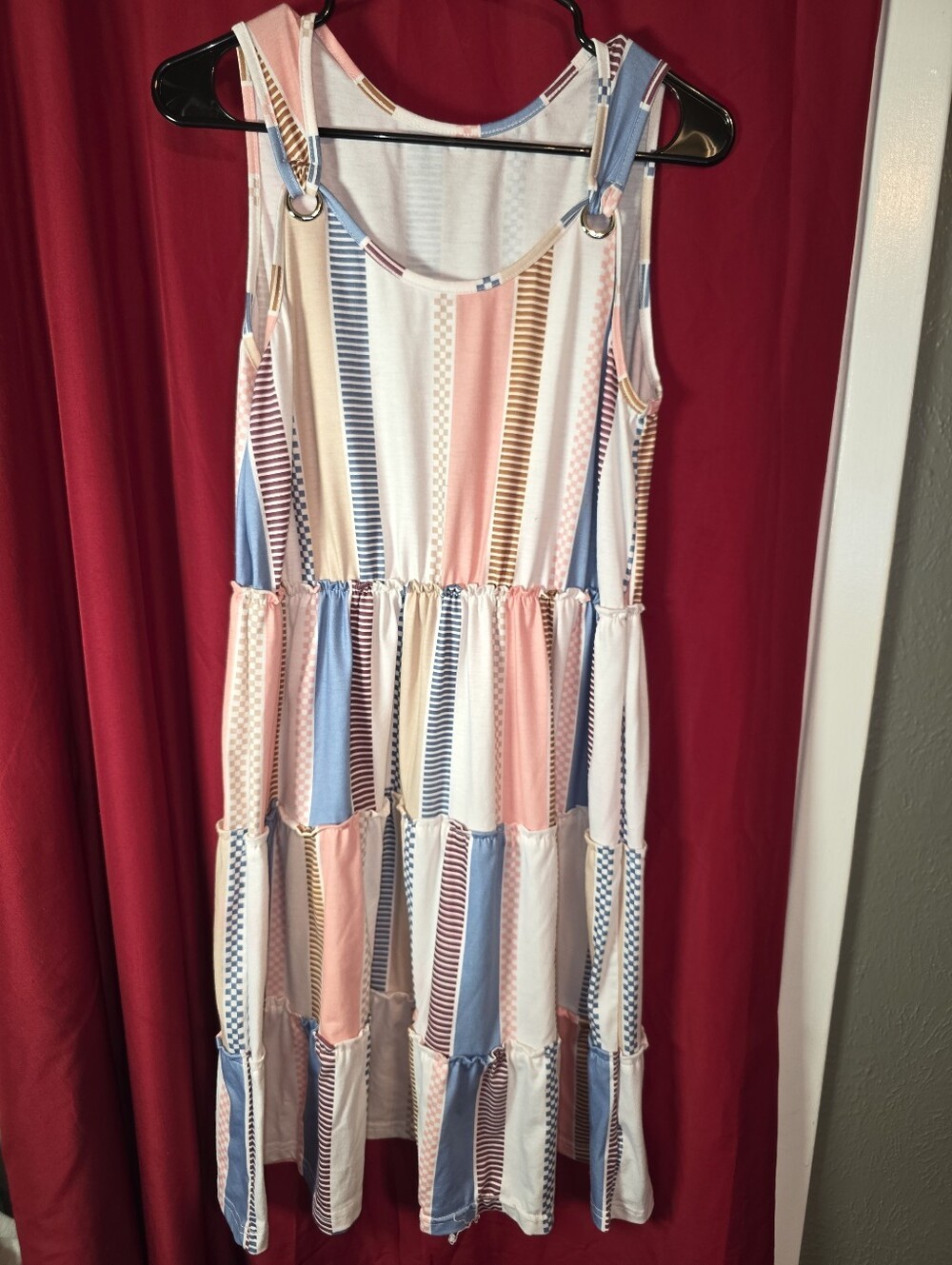 Patchwork Striped Pastel Tiered Sundress – Pink Blue Cream