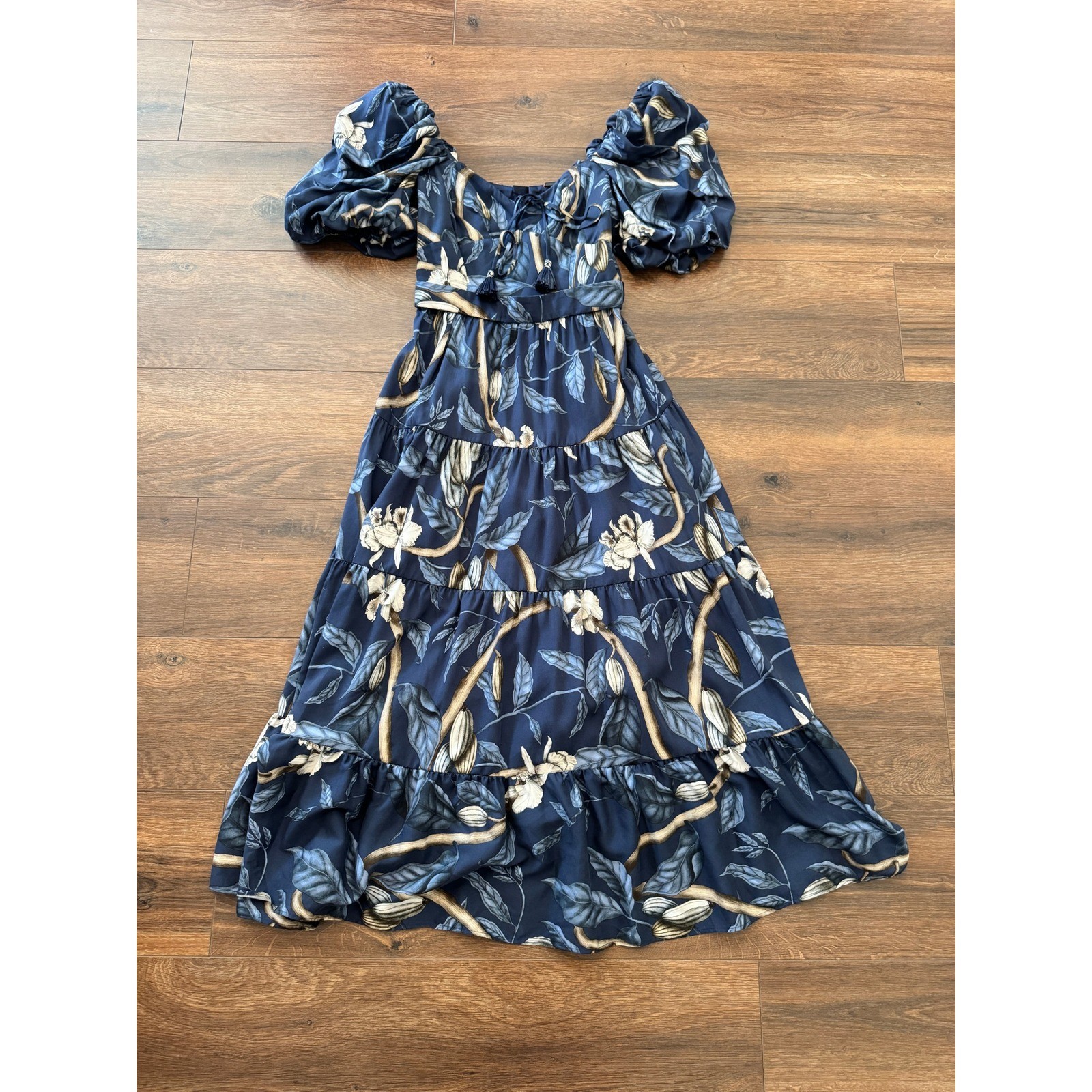 Johanna Ortiz Botanical Heritage Ankle Dress Navy Blue Floral Puff Sleeve 8