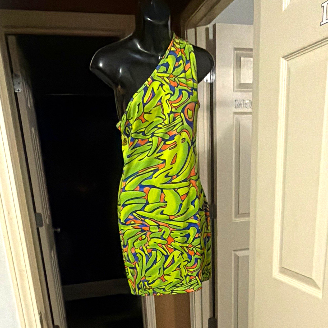 Women’s Green Blue Orange Abstract Bodycon Dress M One Shoulder Sleeveless Knee