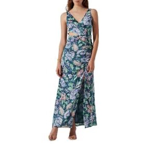 ASTR the Label Teal Floral Pleated Cutout Maxi Dress XL Sleeveless Slit Gown